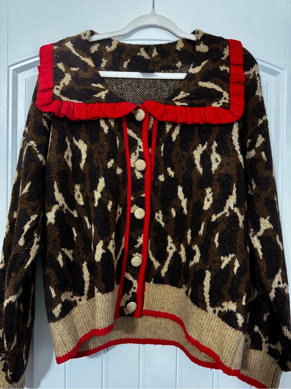 SAACHI Brown Leopard-Print Cardigan with Red Trim